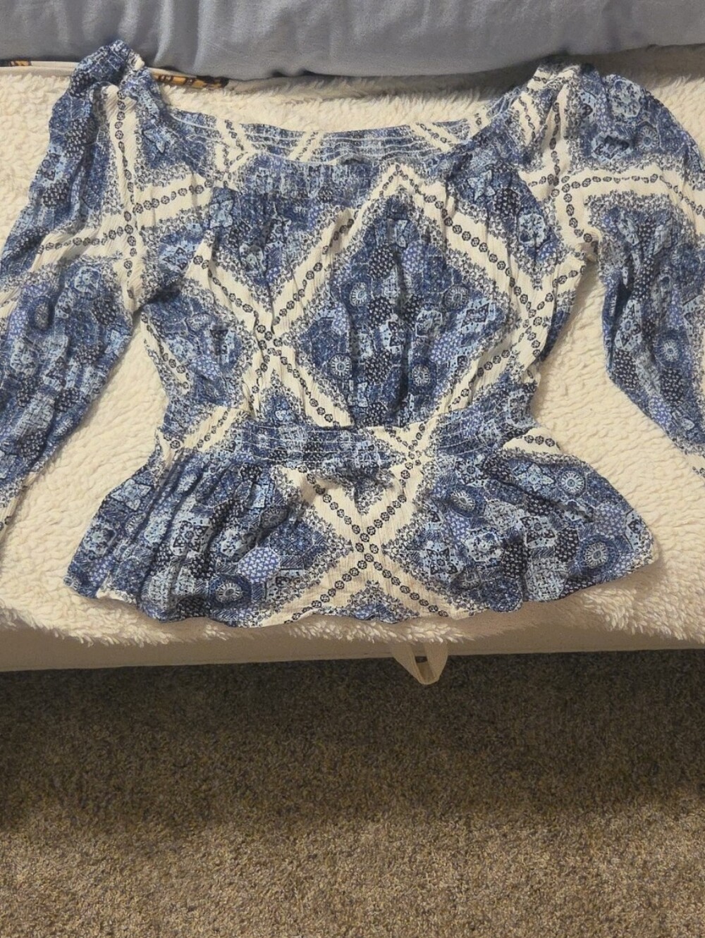 Rayon blue and White Printed Peplum Blouse